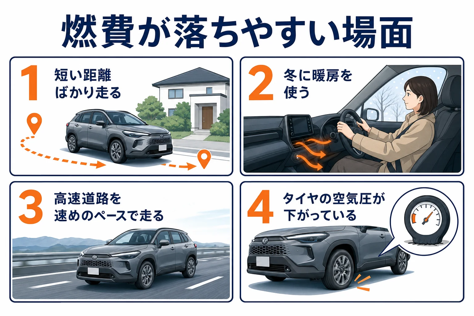 カローラクロスの燃費が落ちやすい場面をまとめた図解