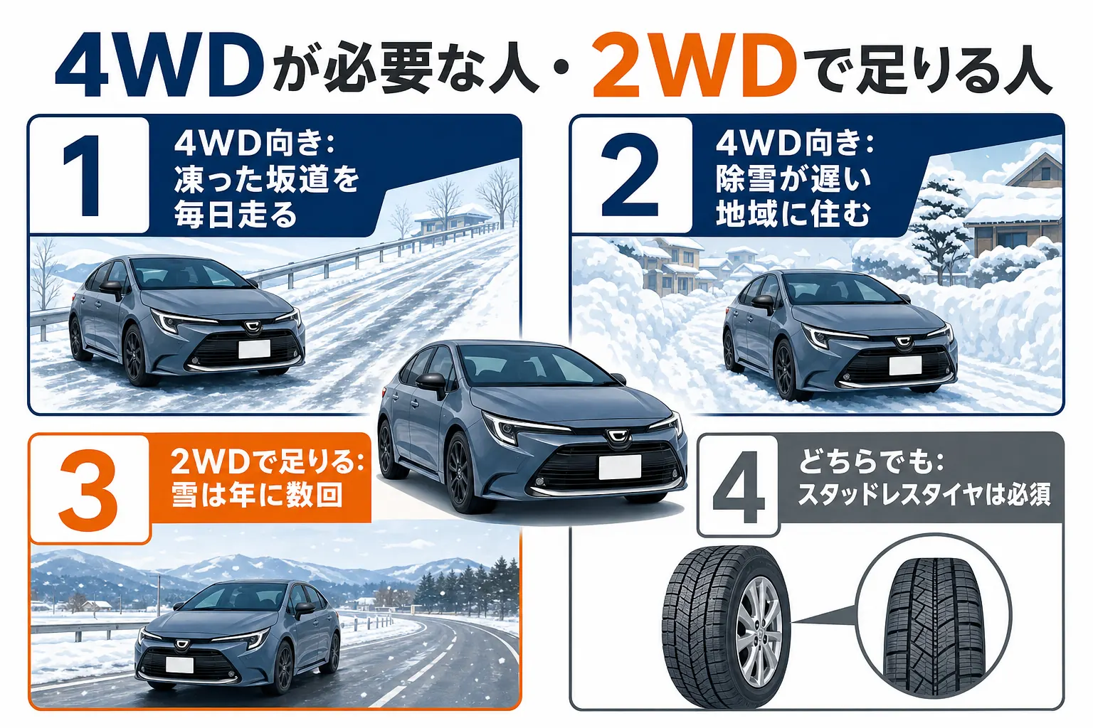カローラで4WDが向いている人と2WDで足りる人の図解