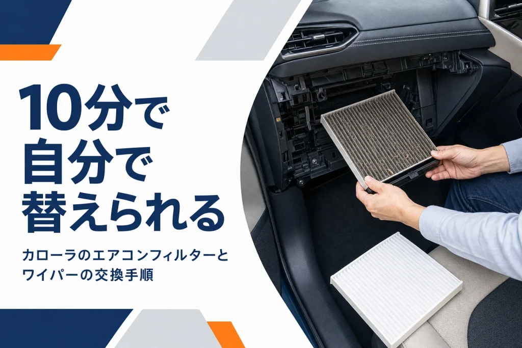 カローラのグローブボックス奥からエアコンフィルターを取り出す様子