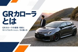 山道の路肩に停まる高性能ハッチバック