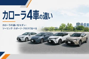 駐車場に並ぶカローラのセダン・ツーリング・スポーツ・クロス