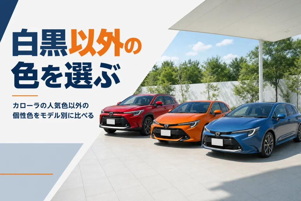 赤・オレンジ・青のカローラシリーズが並んでいる様子