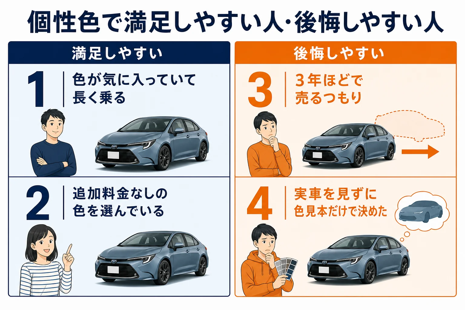 個性色で満足しやすい人と後悔しやすい人の違いの図解