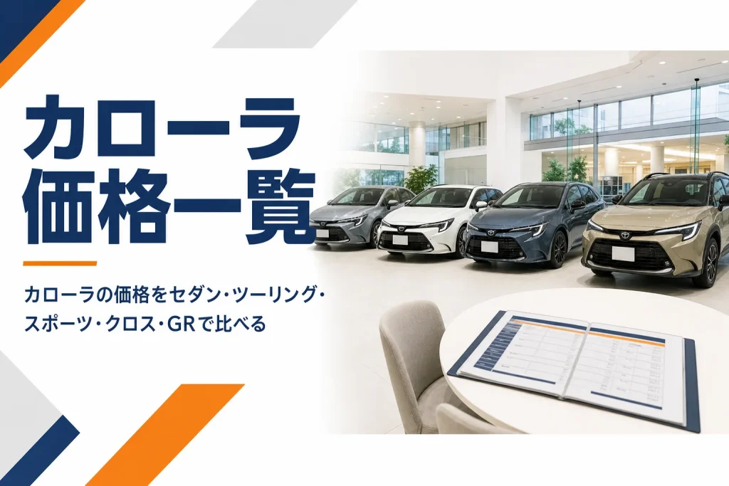 ショールームに並ぶカローラシリーズ4台と価格表