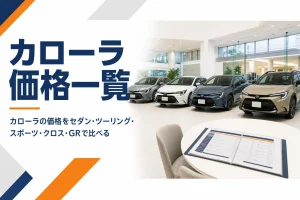 ショールームに並ぶカローラシリーズ4台と価格表