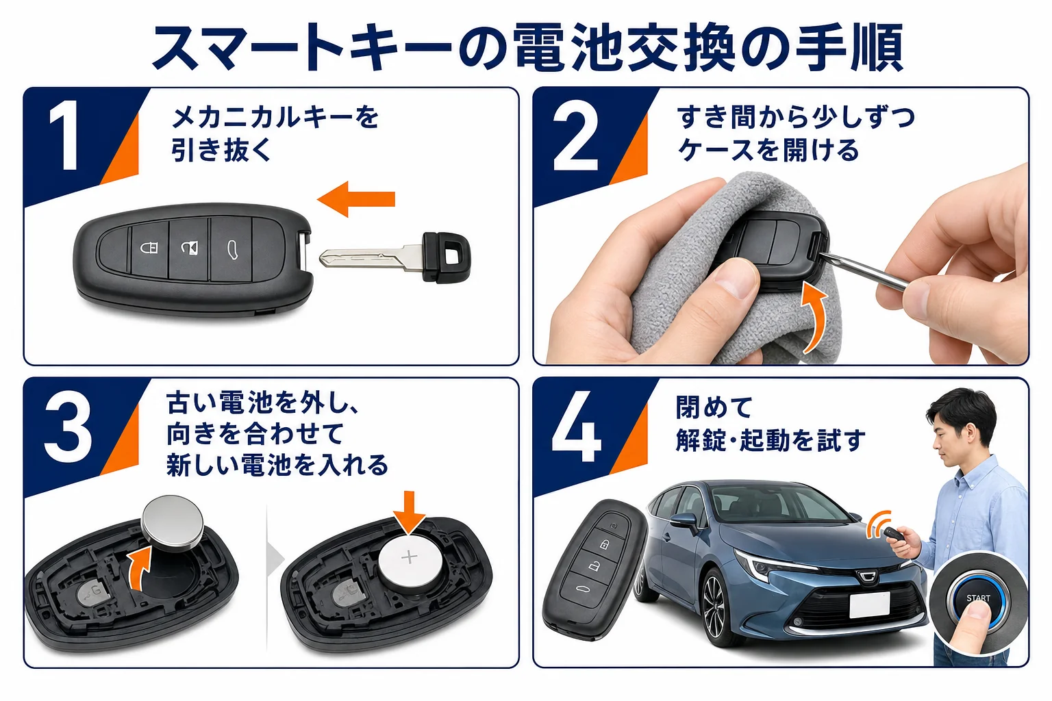 カローラのスマートキーの電池交換の手順を並べた図解