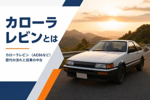 夕方の山道に停まった1980年代風のクラシックなスポーツクーペ