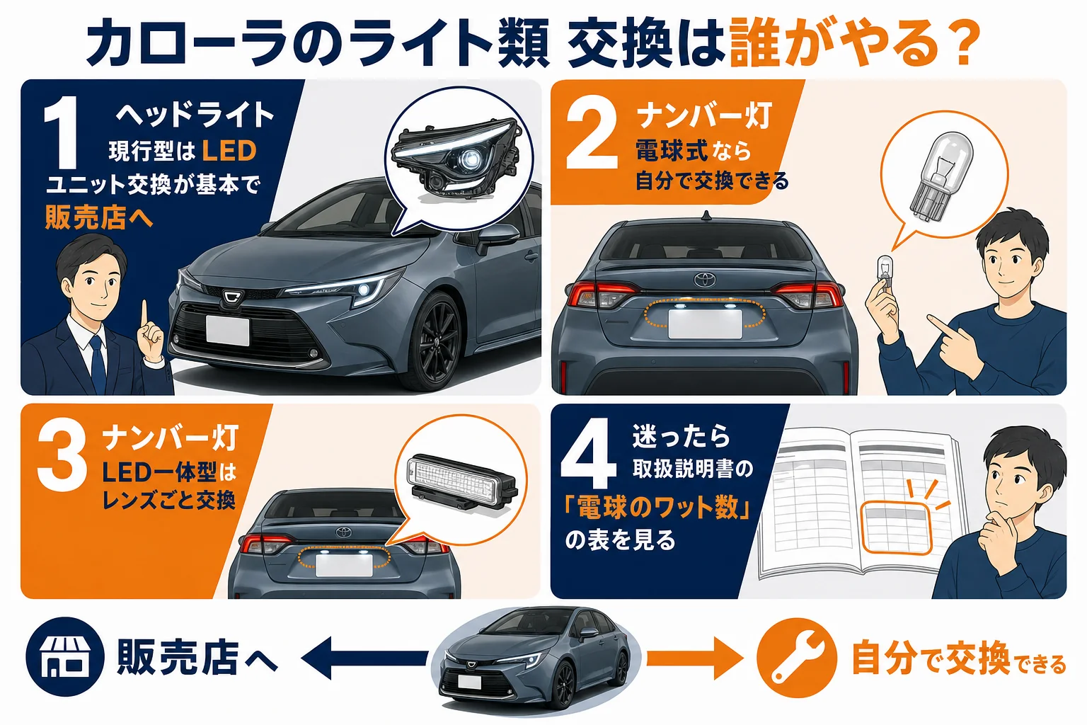 カローラのライト類を、自分で替えられるものと販売店に任せるものに分けた図解