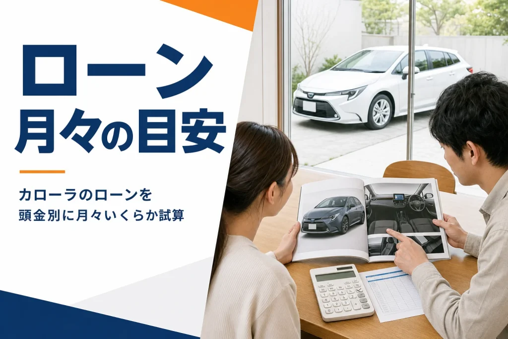 カローラのカタログと電卓でローンを試算している手元