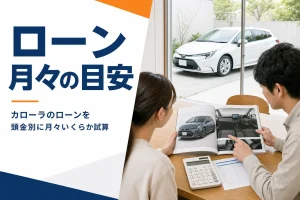 カローラのカタログと電卓でローンを試算している手元