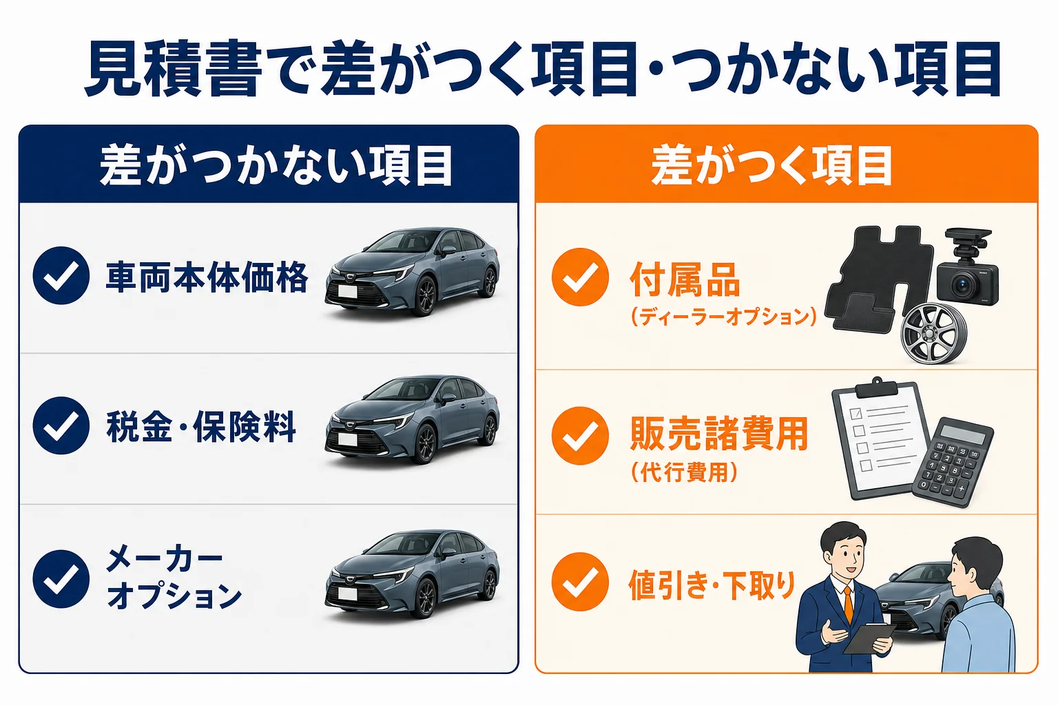 カローラの見積書で差がつく項目と差がつかない項目の図解