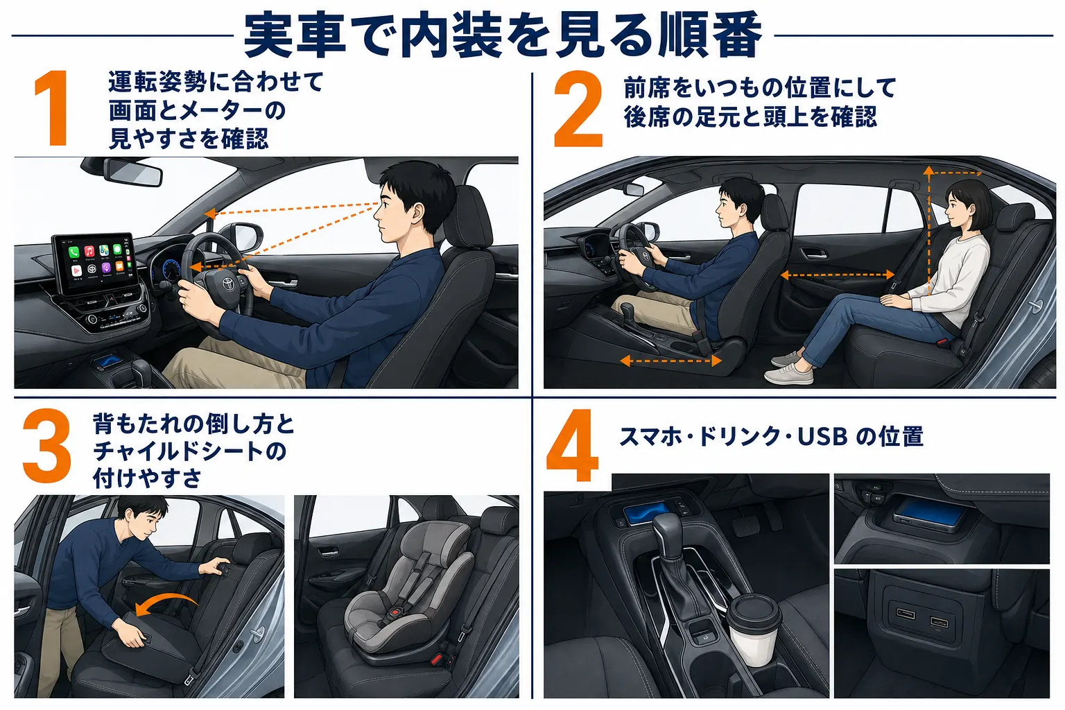 カローラの内装を実車で確かめる時の手順をまとめた図解