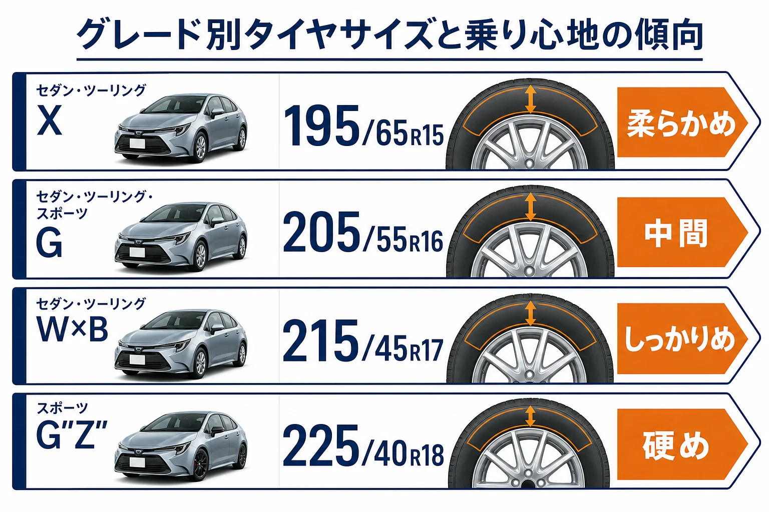 カローラシリーズのグレード別タイヤサイズと乗り心地の傾向を示した図解