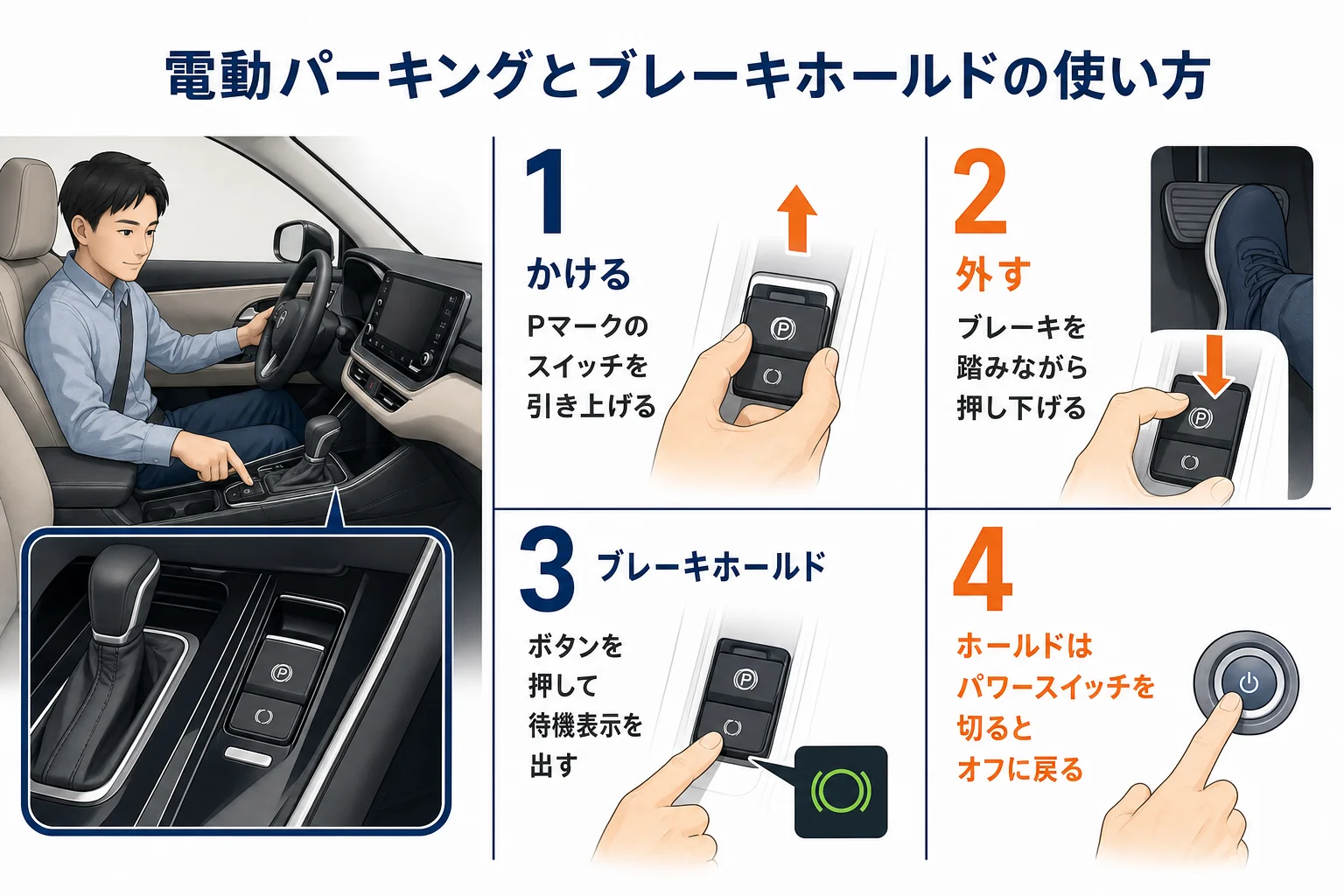 カローラの電動パーキングブレーキとブレーキホールドの場所と使い方を示した図解