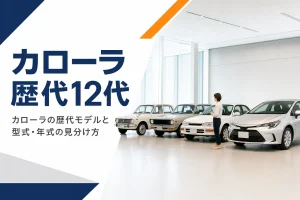 年代の違う小型セダンが時代順に並んだ展示ホール