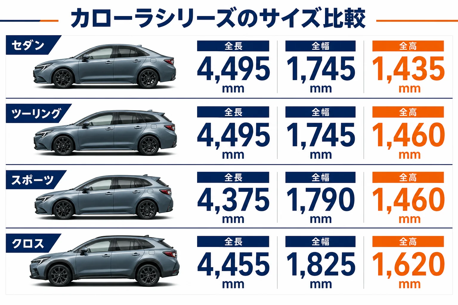 カローラシリーズ4モデルのサイズを並べた図解