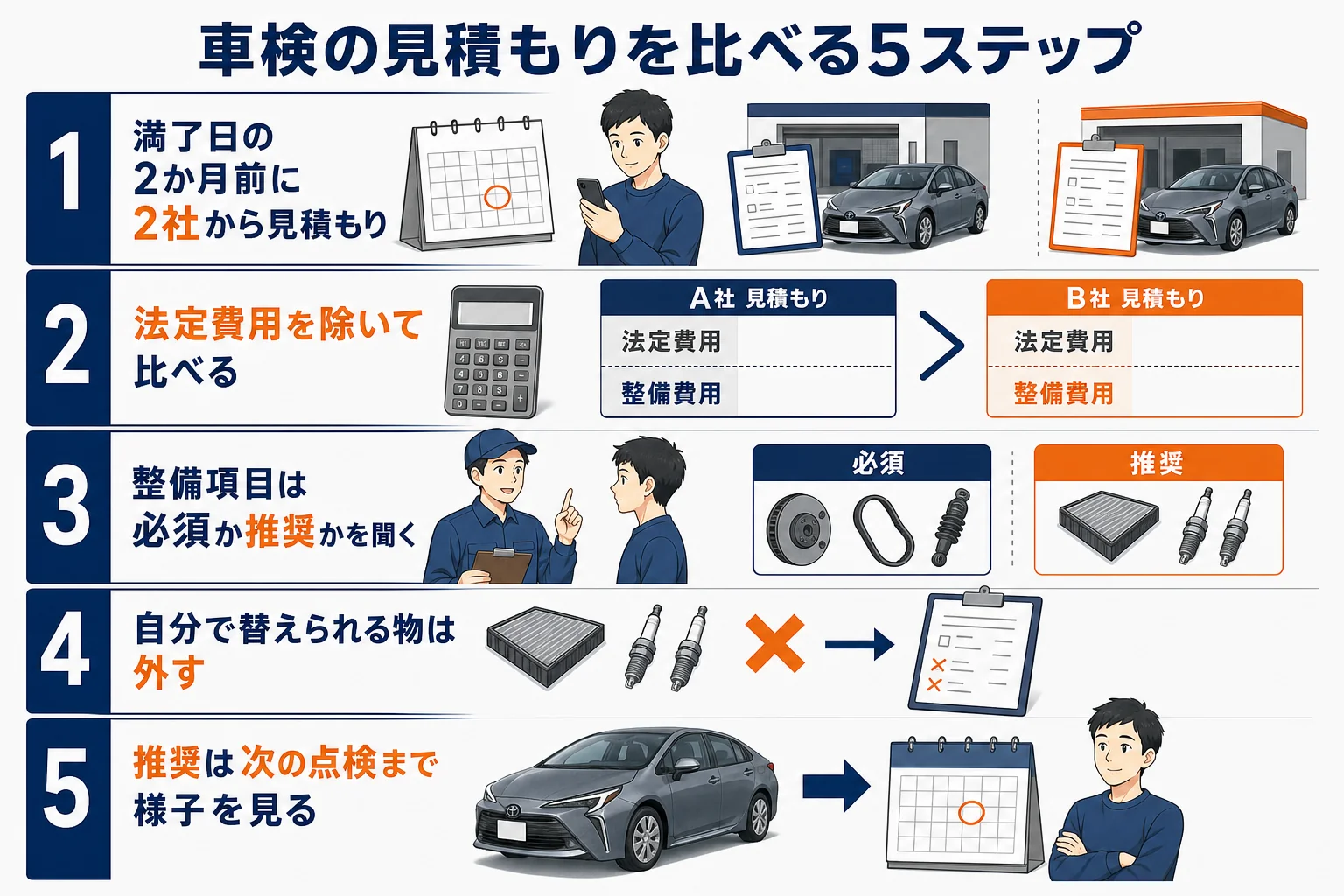 カローラの車検見積もりを比べて費用を抑える手順の図