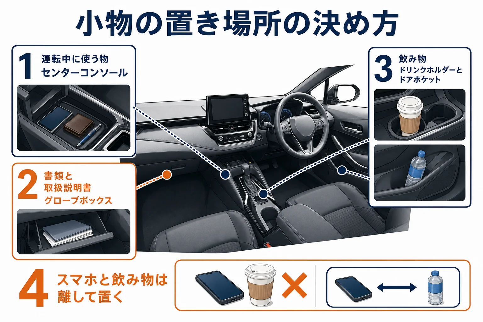 カローラのセンターコンソールとドリンクホルダーの使い方をまとめた図解