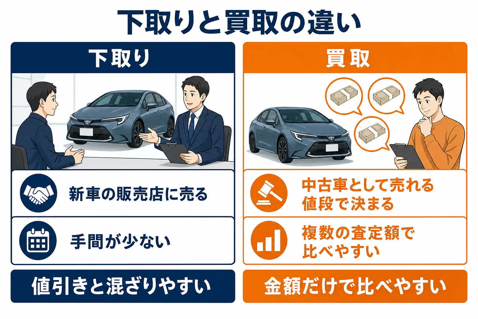 カローラの下取りと買取の違いを比べた図解