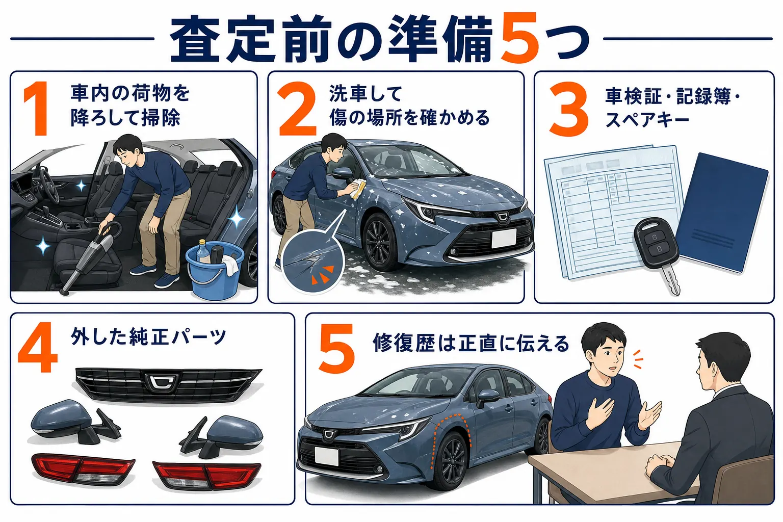 カローラの査定前にやっておきたい準備を並べた図解