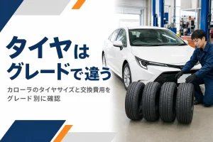 カローラ クロスの横に並べられた交換用の新品タイヤ