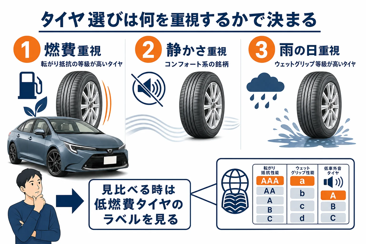 カローラのタイヤ選びを燃費・静かさ・雨の日で比べた図解