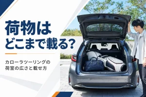 バックドアを開けたカローラ ツーリングの荷室にバッグを積んだ様子