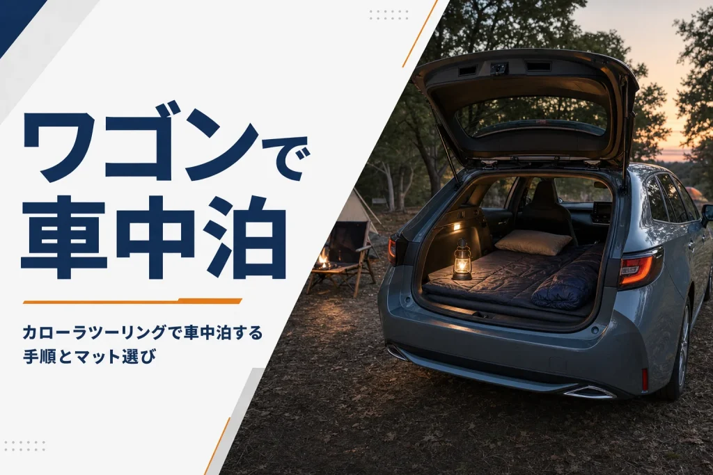 キャンプ場でバックドアを開け、荷室にマットを敷いたカローラ ツーリング