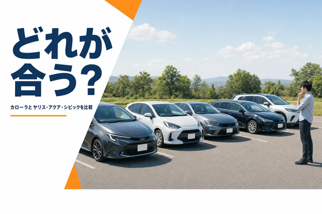 駐車場に大きさ順に並んだコンパクトカーとカローラシリーズ