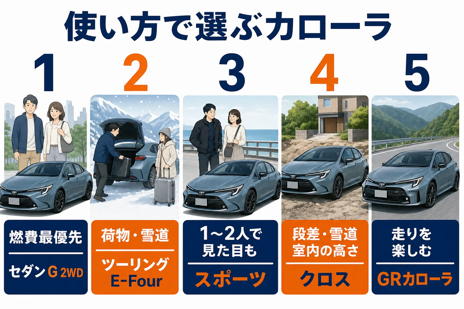 カローラシリーズ内でどのモデルを選ぶかを使い方別に示した図解
