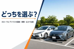 駐車場に並んで停まったカローラとハイブリッドカー