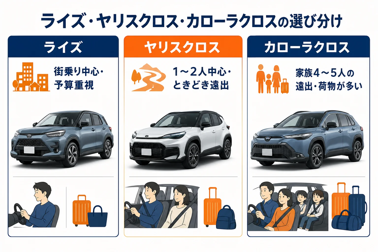 ライズとヤリスクロスとカローラクロスを使い方別に選び分ける図