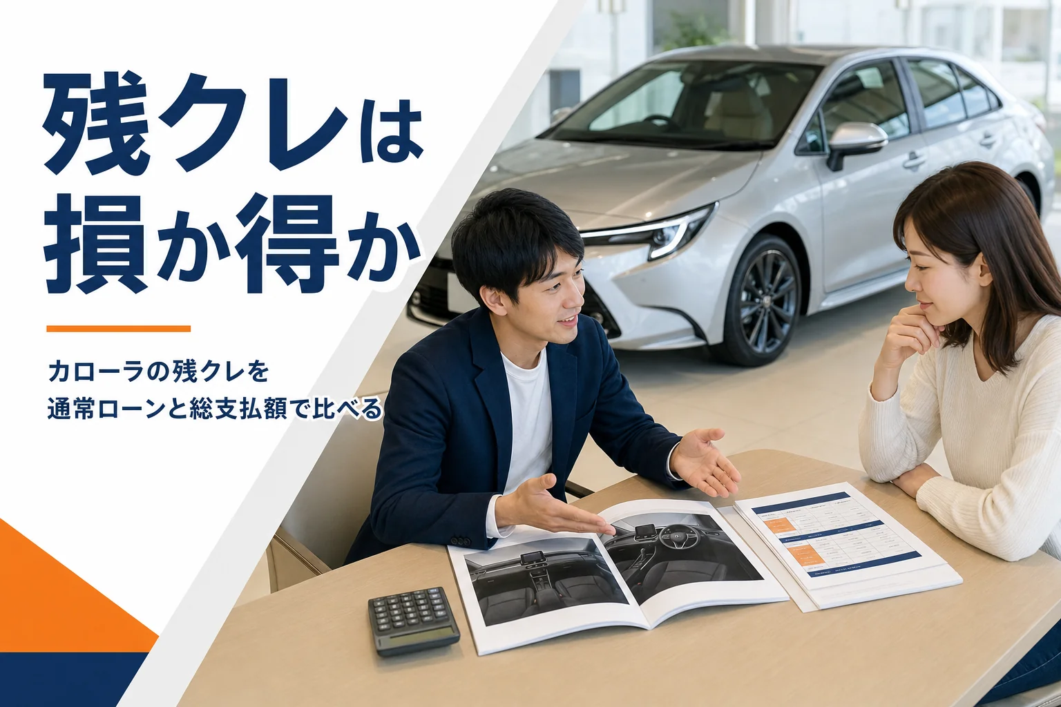 商談テーブルに置かれたカローラ クロスのカタログと支払いプラン